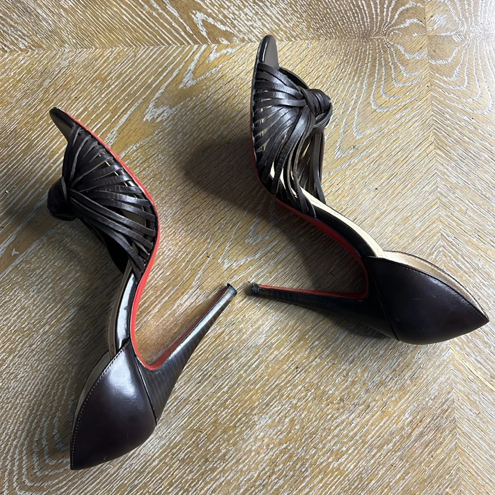 CHRISTIAN LOUBOUTIN Brown Leather Peep-Toe 4”  Heels 36 - Picture 8 of 13